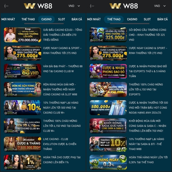 W88 khuyến mãi casino và thể thao